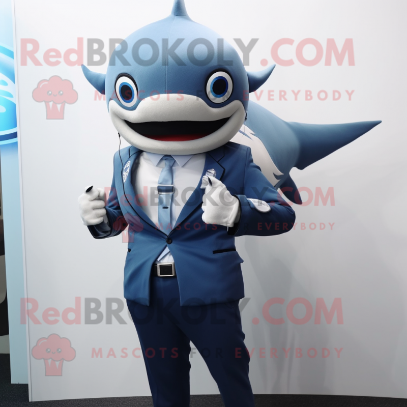 Blue Shark mascot costume character dressed with a Suit and Smartwatches Blue Shark mascot costume character dressed with a Suit and Smartwatches