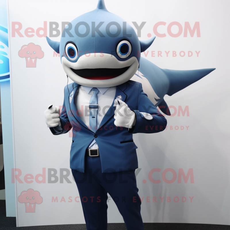 Blue Shark mascot costume character dressed with a Suit and Smartwatches