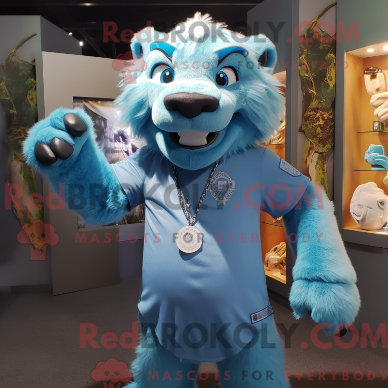 Mascot character of a Cyan Smilodon dressed with a Henley Shirt and Keychains Mascot character of a Cyan Smilodon dressed with a Henley Shirt and Keychains