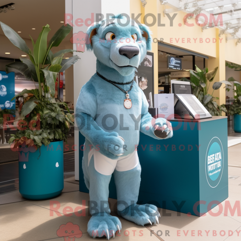 Mascot character of a Cyan Smilodon dressed with a Henley Shirt and Keychains Mascot character of a Cyan Smilodon dressed with a Henley Shirt and Keychains
