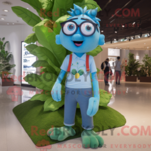 Mascot character of a Sky Blue Beanstalk dressed with a V-Neck Tee and Eyeglasses