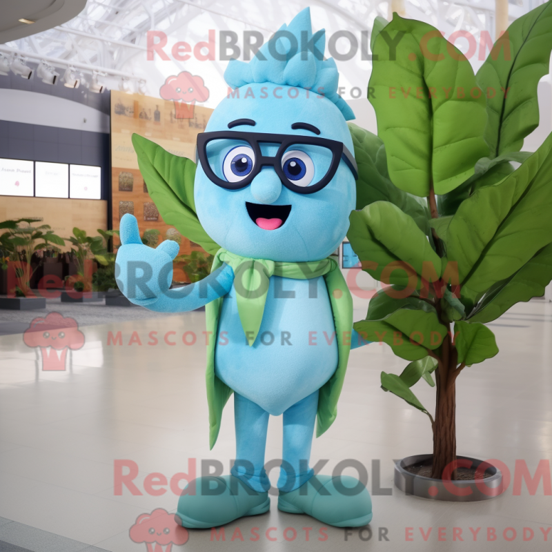Mascot character of a Sky Blue Beanstalk dressed with a V-Neck Tee and Eyeglasses