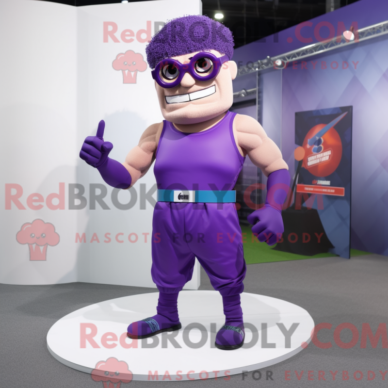 Mascot character of a Purple Knife Thrower dressed with a Tank Top and Eyeglasses Mascot character of a Purple Knife Thrower dressed with a Tank Top and Eyeglasses