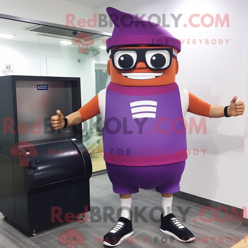 Mascot character of a Purple Knife Thrower dressed with a Tank Top and Eyeglasses Mascot character of a Purple Knife Thrower dressed with a Tank Top and Eyeglasses