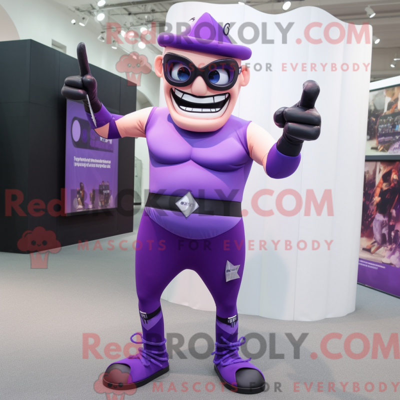 Mascot character of a Purple Knife Thrower dressed with a Tank Top and Eyeglasses Mascot character of a Purple Knife Thrower dressed with a Tank Top and Eyeglasses