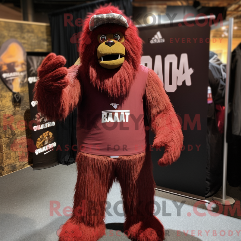 Mascot character of a Maroon Sasquatch dressed with a Trousers and Beanies Mascot character of a Maroon Sasquatch dressed with a Trousers and Beanies