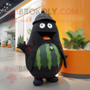 Black Melon mascot costume character dressed with a Cover-up and Handbags