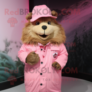 Pink Beaver mascot costume character dressed with a Parka and Lapel pins