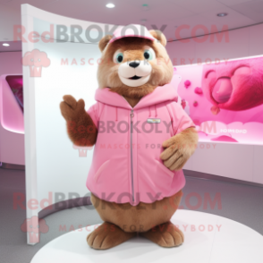 Pink Beaver mascot costume character dressed with a Parka and Lapel pins