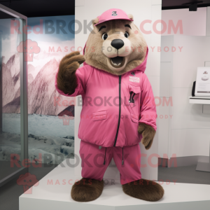 Pink Beaver mascot costume character dressed with a Parka and Lapel pins