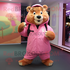Pink Beaver mascot costume character dressed with a Parka and Lapel pins