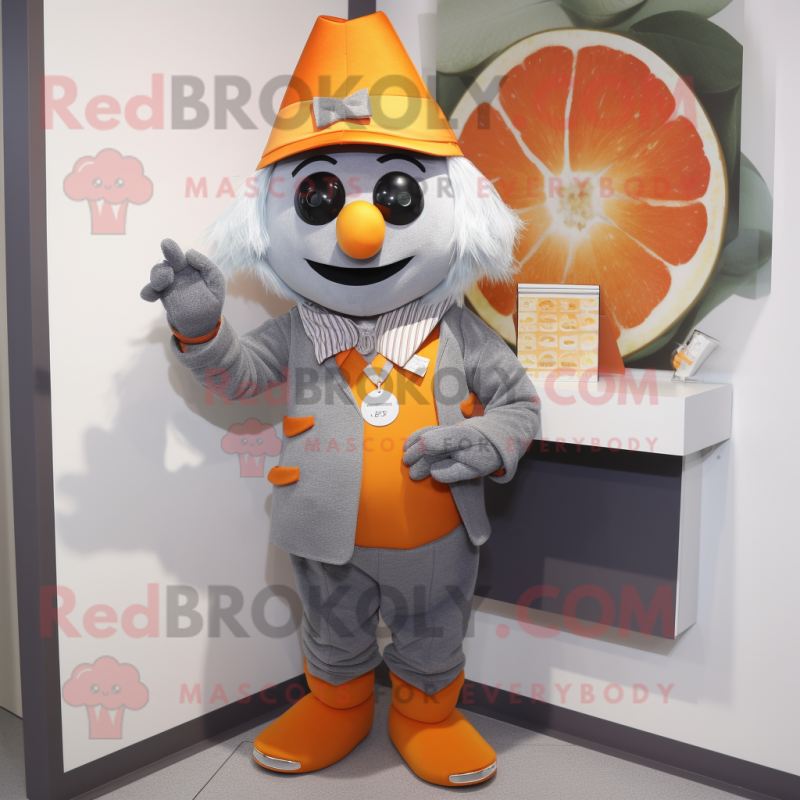 Gray Orange mascot costume character dressed with a Culottes and Brooches Gray Orange mascot costume character dressed with a Culottes and Brooches