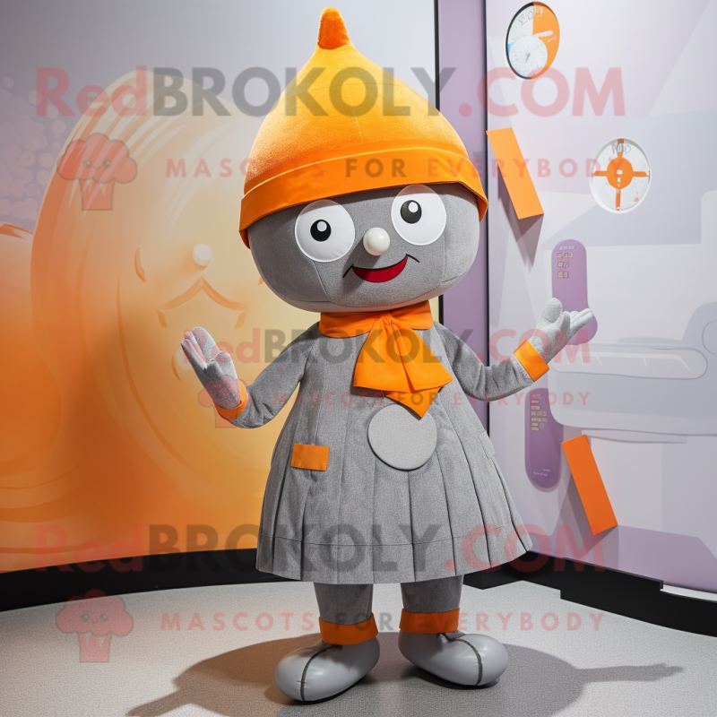 Gray Orange mascot costume character dressed with a Culottes and Brooches Gray Orange mascot costume character dressed with a Culottes and Brooches
