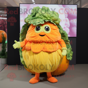 Orange Cabbage mascot costume character dressed with a Maxi Dress and Backpacks