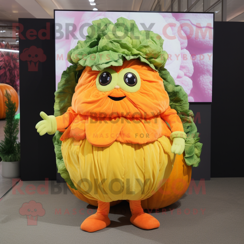 Orange Cabbage mascot costume character dressed with a Maxi Dress and Backpacks Orange Cabbage mascot costume character dressed with a Maxi Dress and Backpacks