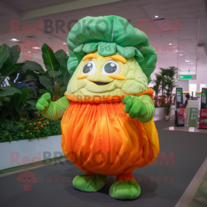 Orange Cabbage mascot costume character dressed with a Maxi Dress and Backpacks