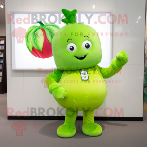 Lime Green Radish mascot costume character dressed with a Chinos and Watches