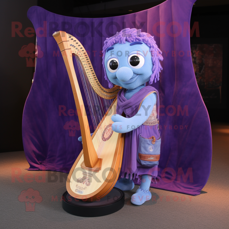 Purple Celtic Harp mascot costume character dressed with a Denim Shorts and Messenger bags Purple Celtic Harp mascot costume character dressed with a Denim Shorts and Messenger bags