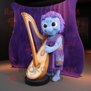 Purple Celtic Harp mascot costume character dressed with a Denim Shorts and Messenger bags