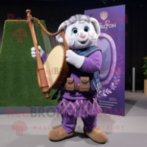Purple Celtic Harp mascot costume character dressed with a Denim Shorts and Messenger bags