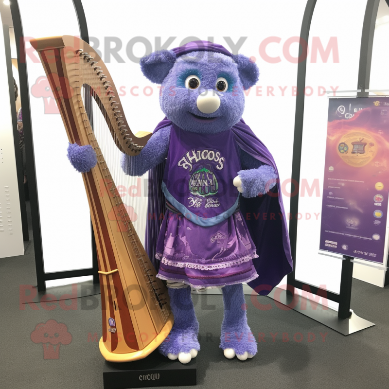 Purple Celtic Harp mascot costume character dressed with a Denim Shorts and Messenger bags