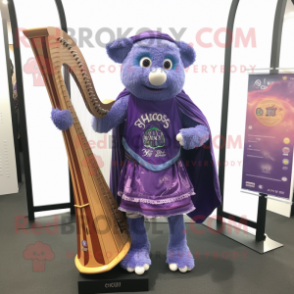 Purple Celtic Harp mascot costume character dressed with a Denim Shorts and Messenger bags