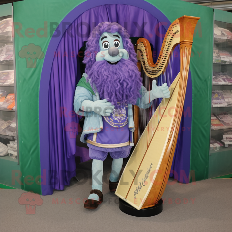 Purple Celtic Harp mascot costume character dressed with a Denim Shorts and Messenger bags