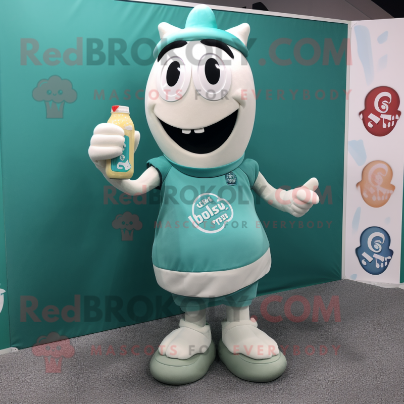 Teal Bottle Of Milk mascot costume character dressed with a Henley Tee and Shoe laces