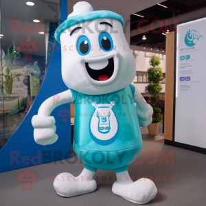 Teal Bottle Of Milk mascot costume character dressed with a Henley Tee and Shoe laces