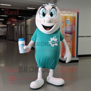 Teal Bottle Of Milk mascot costume character dressed with a Henley Tee and Shoe laces