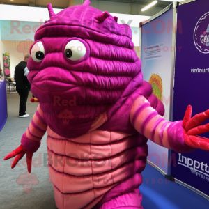 Magenta Trilobite mascot costume character dressed with a Waistcoat and Wraps