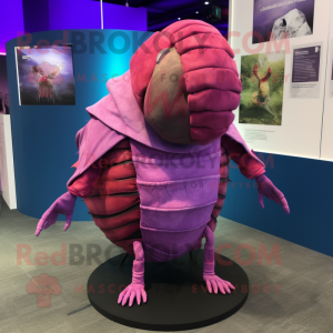 Magenta Trilobite mascot costume character dressed with a Waistcoat and Wraps