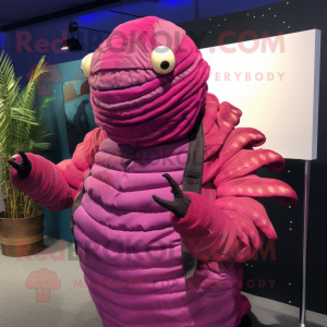 Magenta Trilobite mascot costume character dressed with a Waistcoat and Wraps
