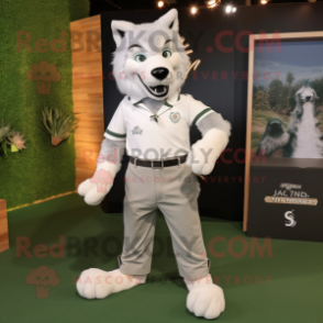 White Say Wolf mascot costume character dressed with a Polo Tee and Suspenders