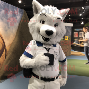 White Say Wolf mascot costume character dressed with a Polo Tee and Suspenders