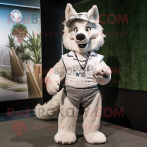 White Say Wolf mascot costume character dressed with a Polo Tee and Suspenders
