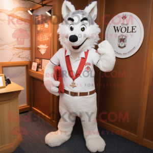 White Say Wolf mascot costume character dressed with a Polo Tee and Suspenders
