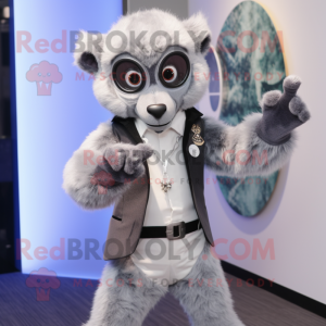 Silver Lemur mascot costume character dressed with a Blazer and Rings