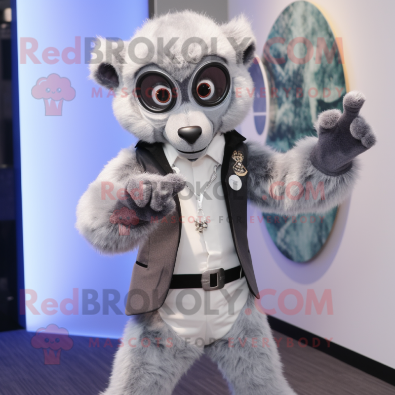 Silver Lemur mascot costume character dressed with a Blazer and Rings Silver Lemur mascot costume character dressed with a Blazer and Rings