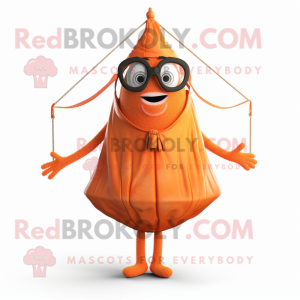 Orange Trapeze Artist mascot costume character dressed with a Cover-up and Eyeglasses