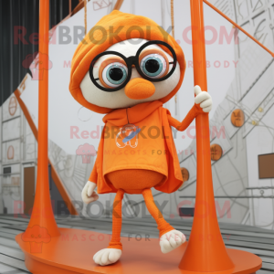 Orange Trapeze Artist mascot costume character dressed with a Cover-up and Eyeglasses