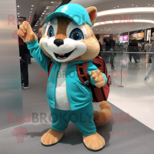 Turquoise Chipmunk mascot costume character dressed with a Hoodie and Briefcases