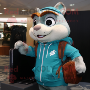 Turquoise Chipmunk mascot costume character dressed with a Hoodie and Briefcases