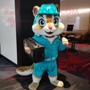 Turquoise Chipmunk mascot costume character dressed with a Hoodie and Briefcases