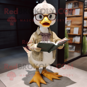 Beige Gosling mascot costume character dressed with a Flare Jeans and Reading glasses