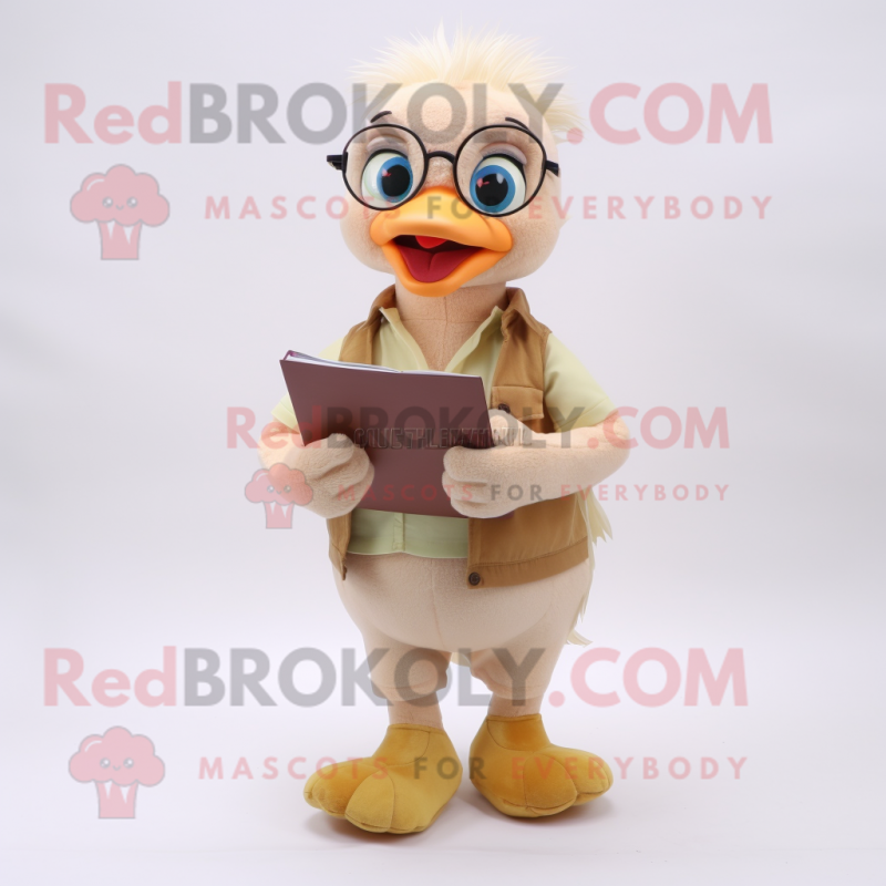 Beige Gosling mascot costume character dressed with a Flare Jeans and Reading glasses