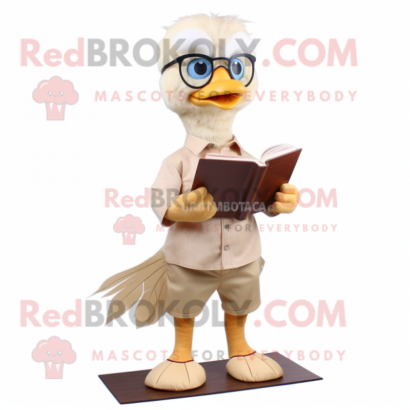 Beige Gosling mascot costume character dressed with a Flare Jeans and Reading glasses