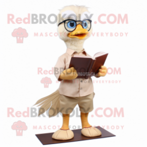 Beige Gosling mascot costume character dressed with a Flare Jeans and Reading glasses