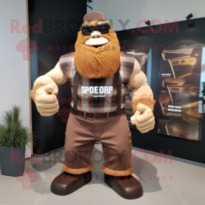 Brown Strongman mascot costume character dressed with a Romper and Pocket squares