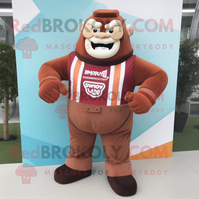 Brown Strongman mascot costume character dressed with a Romper and Pocket squares Brown Strongman mascot costume character dressed with a Romper and Pocket squares